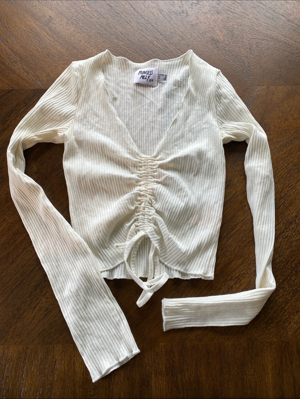 Princess Polly Ivory Ribbed Drawstring V-Neck Long Sleeve Top
